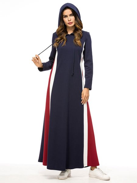 

thi hooded trasuit maxi dress women muslim arab splice jogging sports long dress walk wear musulman turkey islamic clothing, Red