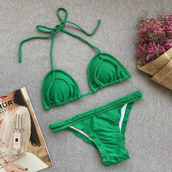 

new solid weave triangle bikini swimsuit female bathers push up swimwear women bathing suit brazilian micro biquiniby air