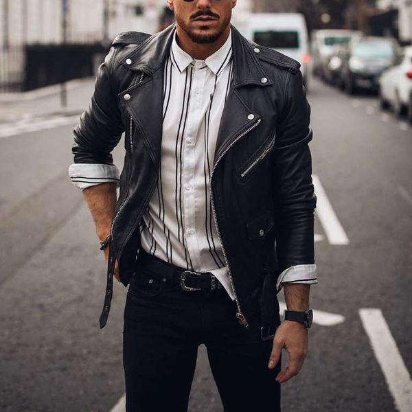 

men's jackets men vintage solid color motorcycle lapel pu leather coat long sleeve zipper outwear for male, Black;brown