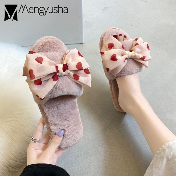 

slippers heart print bow fur women/girl's open toe furry home slides double layer knot plush winter mules chanclas mujer, Black