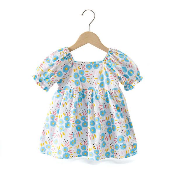 Sommer Kinder Kleidung Puff Sleeve Elegante Prinzessin Kleid Für Mädchen Quadrat Kragen Baumwolle Blume Mädchen Kleider Q0716