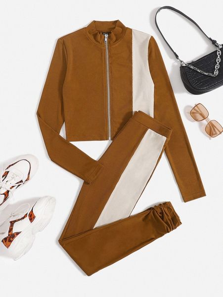 

contrast panel zip up jacket & stacked leggings 69db#, White