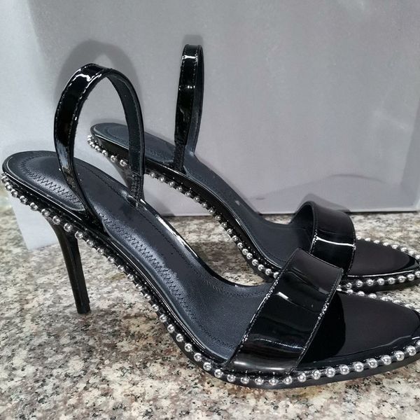 FOTO REAL Casual Designer de moda feminina sandálias sapatos preto couro patente picos de salto alto sandalias de las mujeres mujer