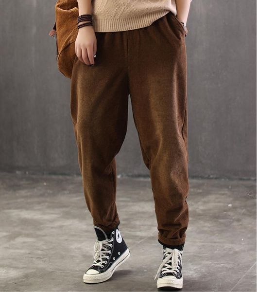 

women's pants & capris winter women retro thicker fleece warm corduroy trousers elastic waist pocket casual female blended loose 2021, Black;white