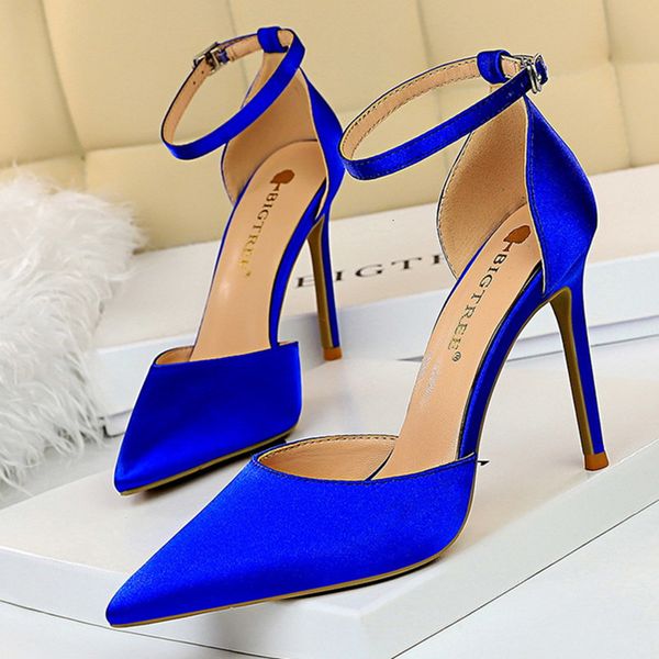

sandals summer fashion women blue silk 10cm pencil high heels buckle strap green valentine shoes plus size bpug, Black