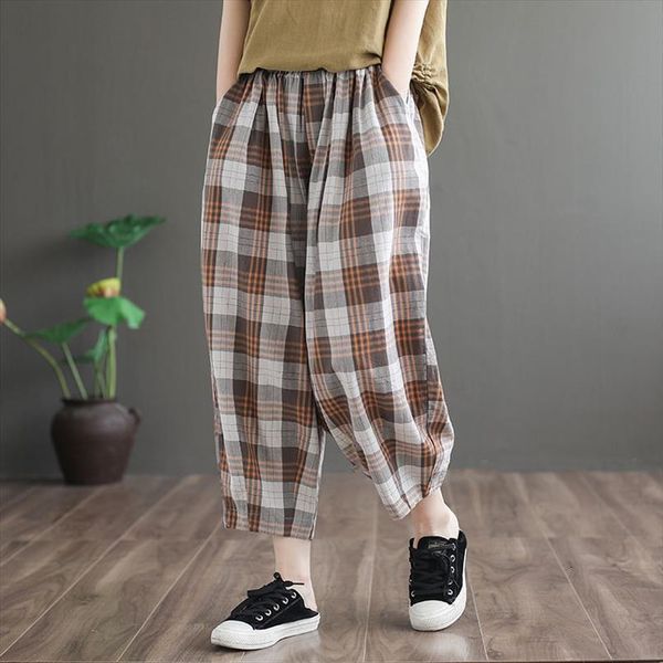 

spring summer arts style women pant elastic waist loose calf length all matched casual cotton linen plaid harem m520, Black;white