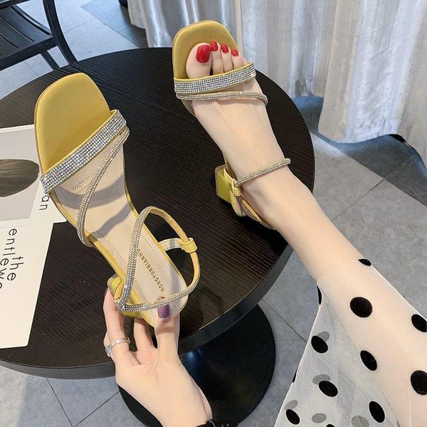 

thick heel sandals women crystal narrow band summer shoes fashion outdoor open toe high mujer, Black