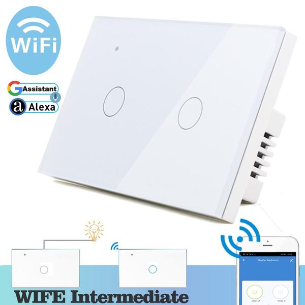 

smart home control wifi touch light wall switch white glass panel blue led 118*72mm universal phone 2 gang way relay round