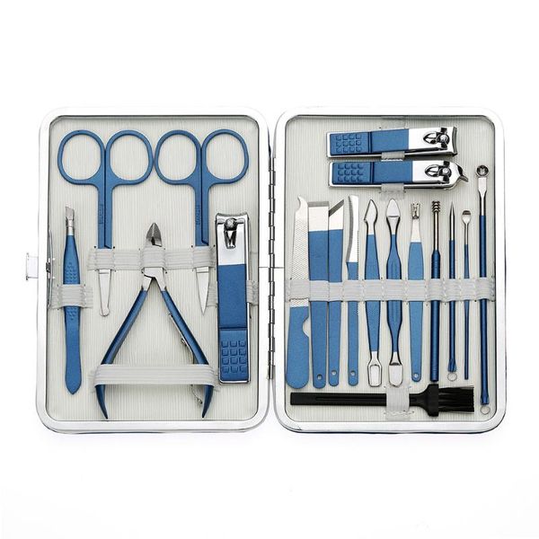 

19pcs professional manicure blue nail clippers pedicure set portable hygiene kit stainless steel cutters toenail tools art kits