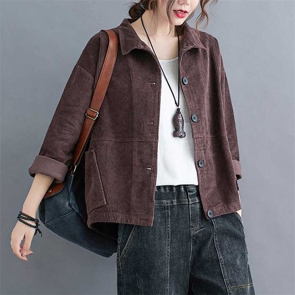 

corduroy autumn jackets turn-down collar button pockets outwear korea design women spring casual 211014, Black;brown