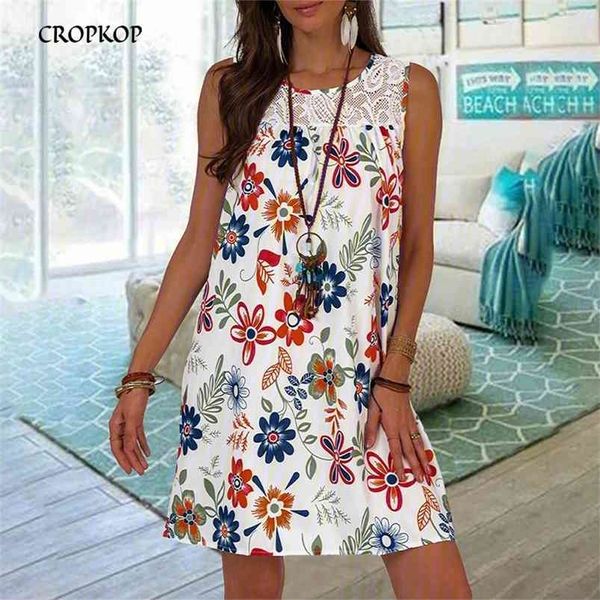 

summer women lace stitching floral tank dress vintage sleeveless boho beach dresses casual loose white plus size clothing 210701, Black;gray