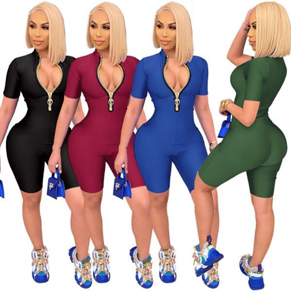 

women jumpsuits zipper short sleeve solid color rompers summer bodycon shorts s-2xl leggings clothes casual clothing 4879, Black;white