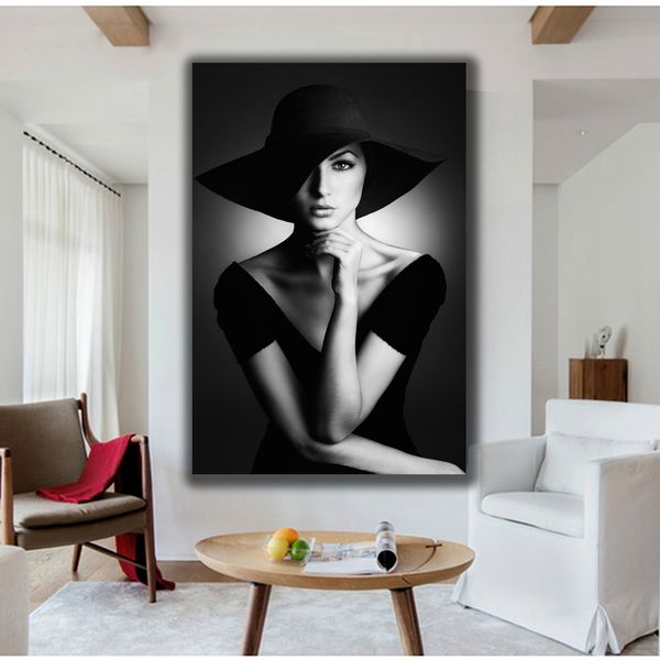 

portrait canvas painting black white prints glamour woman with hat wall art pictures for living room gallery home decor no frame