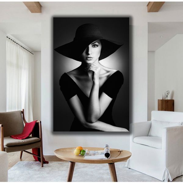 Retrato lona pintura preto branco imprime glamour mulher com chapéu imagens de arte para galeria de sala de estar casa decoração home sem moldura