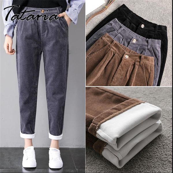 

women corduroy harem pants loose sweatpants fleece autumn winters velvet casual pocket leisure trousers 210514, Black;white