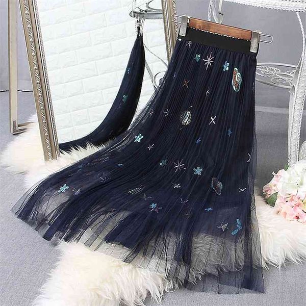 

summer korean women high waist slimming embroidery pleated mesh skirt casual simple a-line long 210527, Black