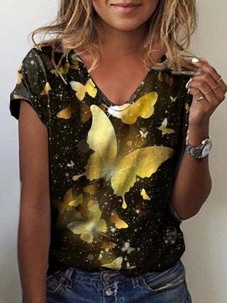 

women's t-shirt 2021 summer women clothes aesthetic goth blended appliques regular casual v-neck art pullover, White