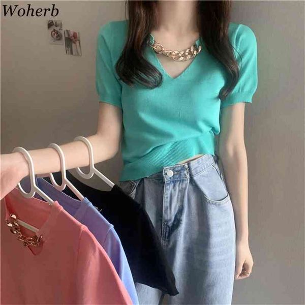 

knitted t-shirt women summer short sleeve v-neck chain patch solid slim korean sweet jumpers femme t shirts 210519, White