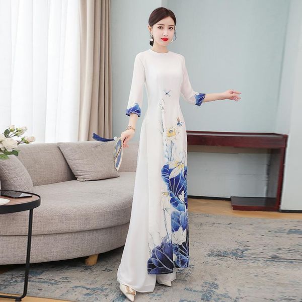 

ethnic clothing 2021 aodai cheongsam elegant chinese dress set oriental flower print qipao vietnam ao dai party, Red