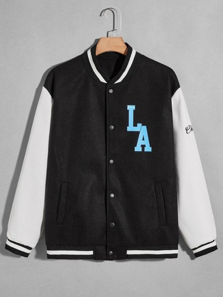 

romwe guys letter colorblock button front baseball jacket l3ul#, Black;brown