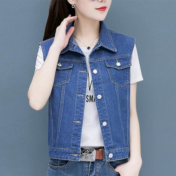 Plus Size Gilet di jeans corto solido classico Primavera stile coreano Giacca di jeans senza maniche blu Gilet da donna Boyfriend Slim Gilet da donna