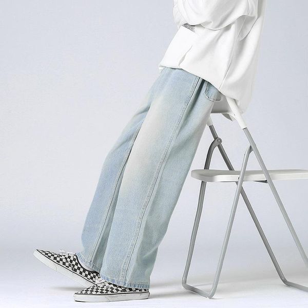 

men's jeans high street retro light wash distressed loose wide lege pants fashion men, Blue