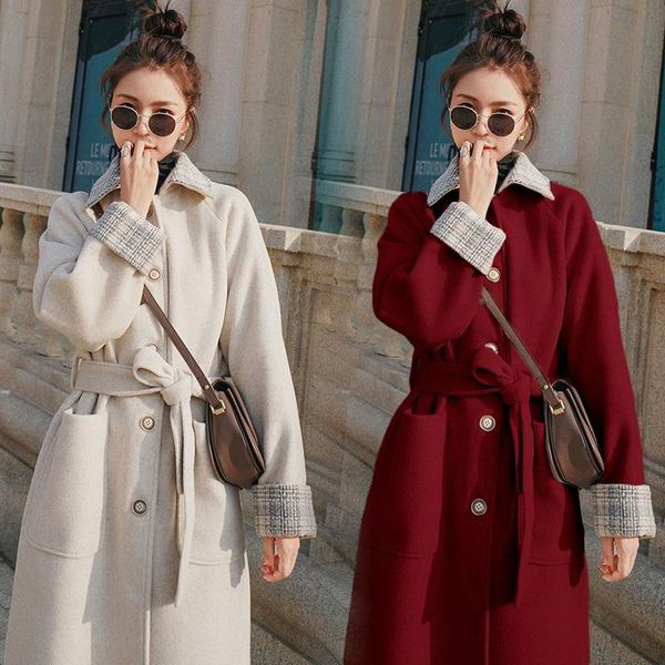 

women's wool & blends 2021 hepburn style woolen coat ladies jacket korean version long stitching buttons thickened autumn and winter, Black