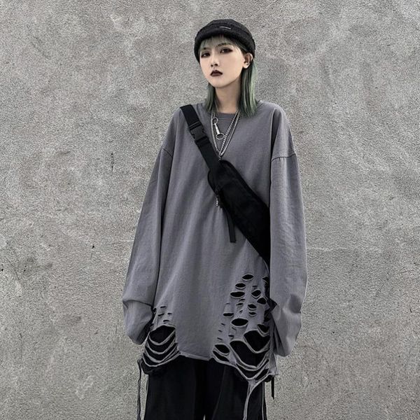 

women's t-shirt women long sleeve t-shirts hole irregular streetwear hip-hop cool couples casual oversize stylish plus size 3xl solid, White