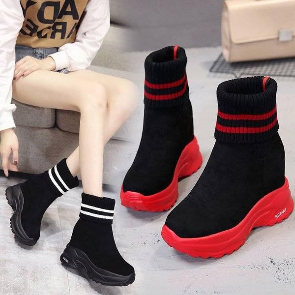 

boots autumn and winter thick sole stripe inside casual high heel muffin cotton women's soft single shoes, Black