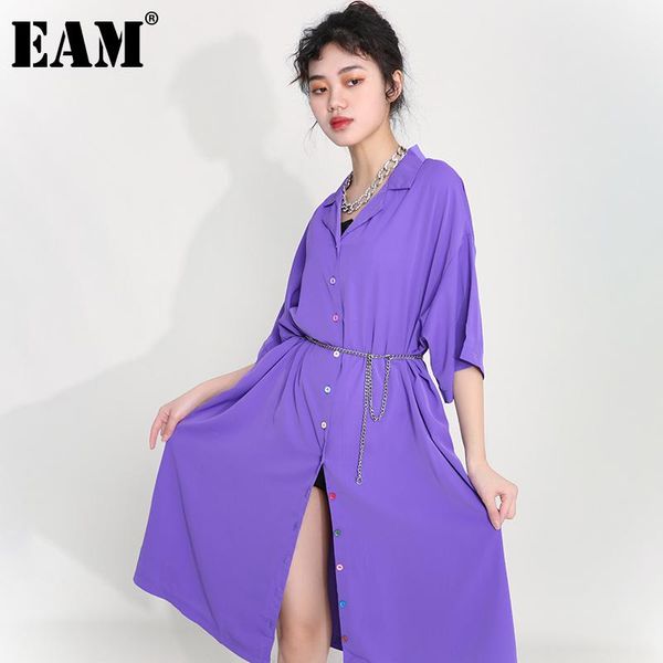

casual dresses [eam] women colorful button long big size dress lapel three-quarter sleeve loose fashion spring summer 2021 1t97801, Black;gray