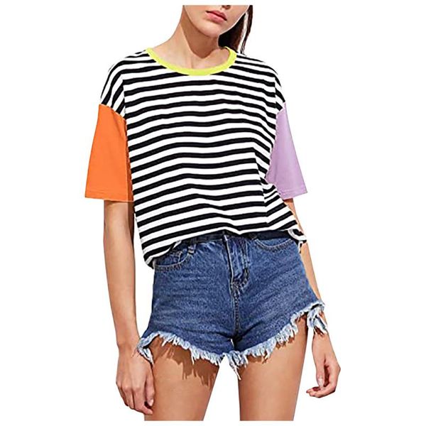 

ladies fashion tshirts striped stitching short sleeve t-shirt retro contrast color moda feminina verao 2021 roupa mulher women's, White