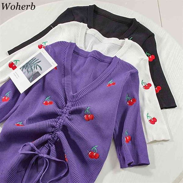 

women t-shirts drawstring knitting cherry print v-neck short sleeve stretchy t shirt korean summer blusa 210519, White