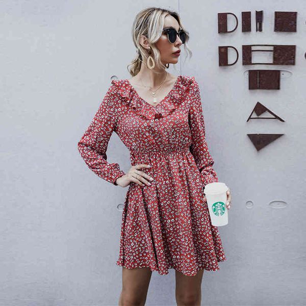 

autumn winter double-layer floral dress women casual ruffles slim mini dress for women new fashion 210413, Black;gray