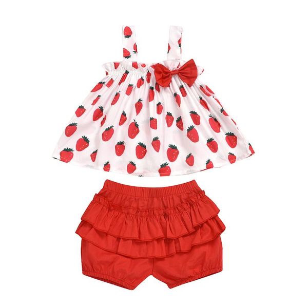 

clothing sets summer girls' suit children's sling strawberry print bow-knot and shorts little girl clothes, White