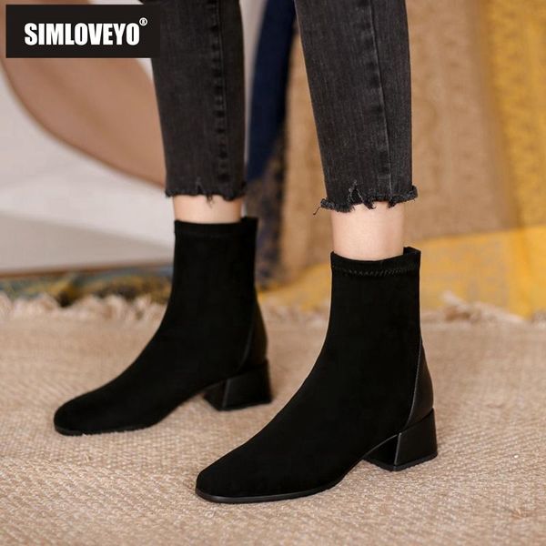 

boots simloveyo 2021 ankle square toe 5cm heel retro silp-on all match women shoes size big 31-43 casual autumn spring b2211, Black