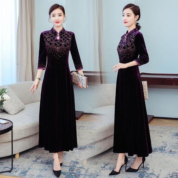 

casual dresses coigarsam vestidos autumn 2022 chinese style office lady national wind cheongsam vintage full sleeve robe, Black;gray