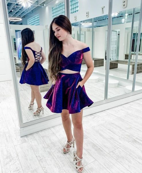 

party dresses elegant short two pieces v-neck homecoming with pockets a-line criss cross back knee length robes de soirÃ©e for women, White;black