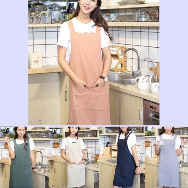 

fashion cotton linen cross back pocket kitchen protective apron cafe smock aprons