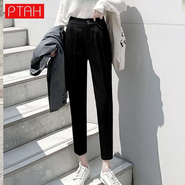 

women's pants & capris [ptah] women suit autumn office lady long trousers 2021 solid loose high waist pant female slim and thin, Black;white