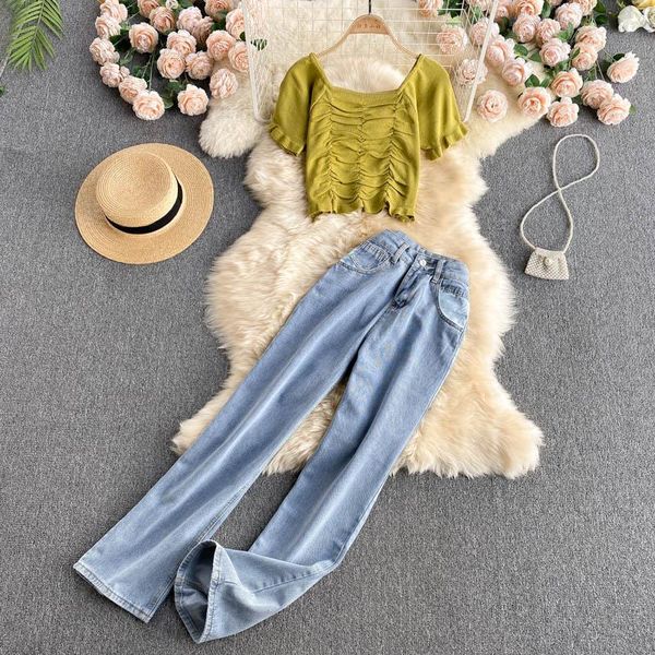 

women's two piece pants age-reducing suit summer knit short-sleeved blouse all-match high-waist thin denim wide-leg two-piece kk017, White