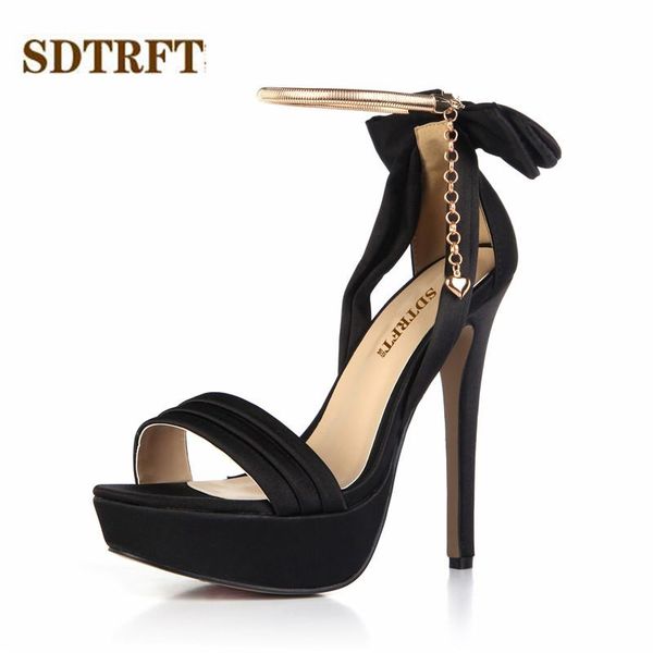 

stiletto summer woman platform sm sandals 14cm thin heels open toe wedding shoes bowtie gold ankle strap pumps, Black