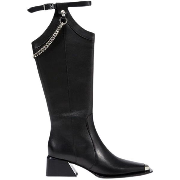 

boots women shoes square toe ladies metal decoration bottine femme fashion zipper zapatos mujer thick heel botas femininas, Black