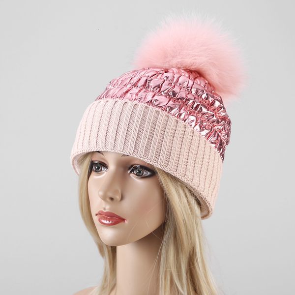 

ins women's autumn and winter new down stitching wool fox hair ball knitted outdoor thickened warm hat, Blue;gray