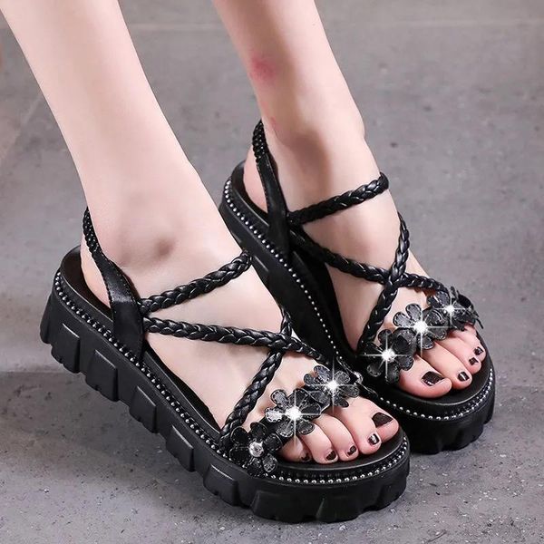 

sandals platform high heels summer women wedges shine open toe ladies casual shoes comfortable waterproof white slip-on, Black
