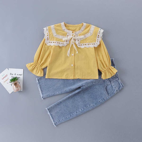 

3-7 years spring girl clothing set fashion casual solid shirt + jeans kid children girls 210615, White