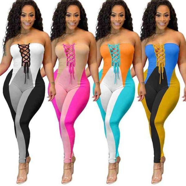 

suwa summer streetwear patchwork jumpsuit women skinny bandage sleeveless outfit bodycon wrap chest sets female 210525, Black;white