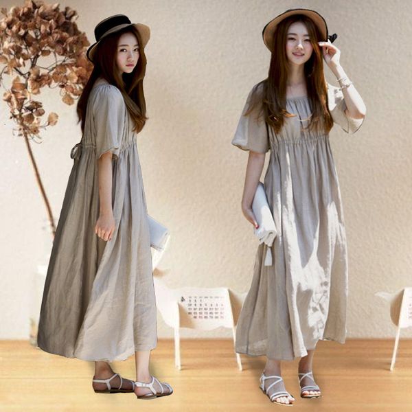 

dresses summer new loose size women's long skirt korean cotton hemp short sleeve dress, Black;gray