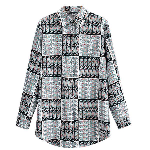 

paisley print checked pattern summer long sleeve women casual blouses curved hem female loose shirt plaid 210604, White