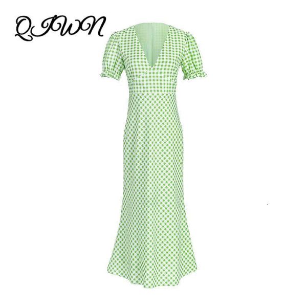 

casual dresses beach party boho women deep v-collar long dress summer vintage puff sleeve green plaid chiffon slim elegant clothing vp1h, Black;gray
