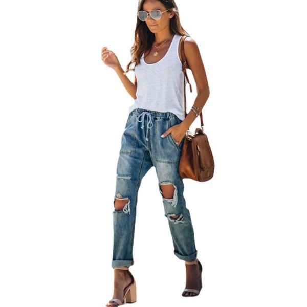 

women's jeans women chic fashion ripped hole straight leg vintage high waist zipper denim pants office lady causal female trousers, Blue